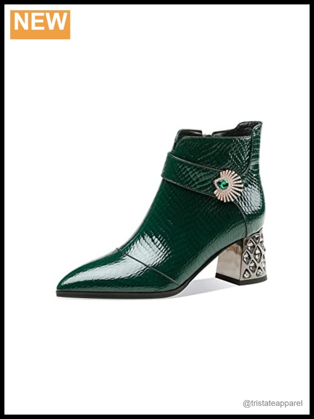Rhinestone Chunky Heel Ankle Boots Leather Pointed Toe